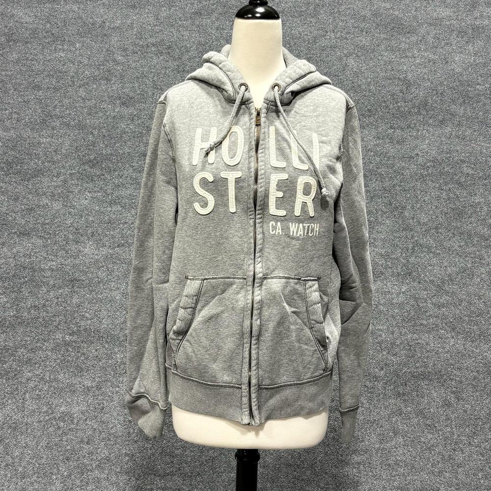 Hollister Hoodie Womens Large Gray Full Zip Fleece Sweatshirt Graphic Logo